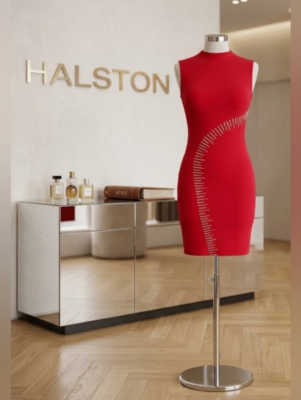 HALSTON Red Rhinestone Embellished Mock Neck Sheath Dress Size 4